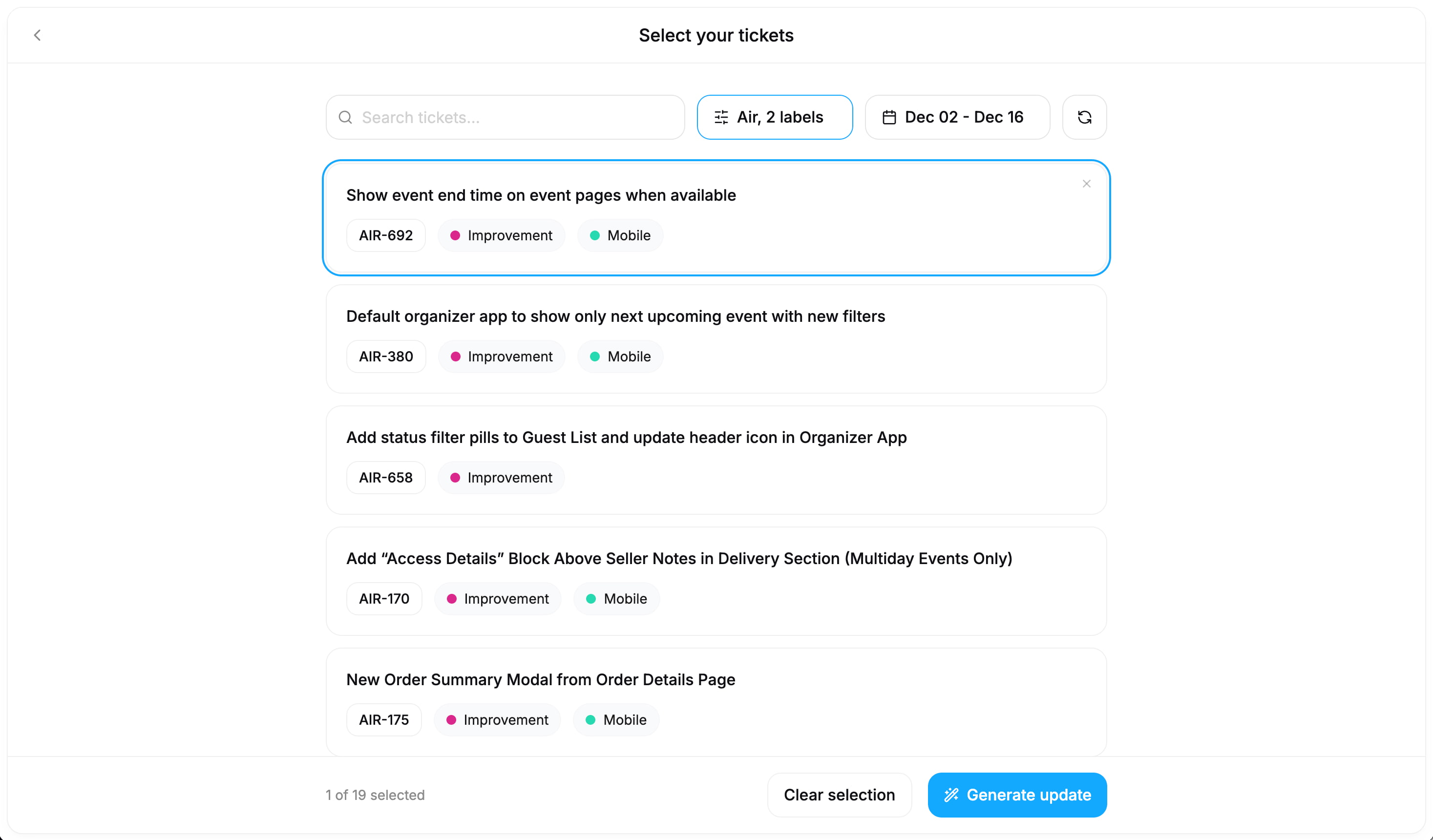 Linear integration showing completed tickets ready to be imported as product updates